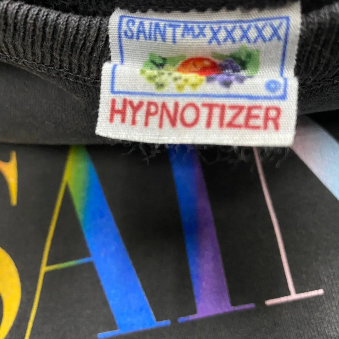 SAINT Mxxxxxx CREW NECK SWT SHIRTS 'RAINBOW SNT'/BLK Rainbow SAINT destruction sweatshirt, washed black S-XL Assute dyeing, genuine whole garment sprayed with horsetail fading process, collar/cuffs frayed in many places, front and rear panels/sleeves super complicated hanging grinding, heavy washing and water discoloration, correct fruit mark/angel mark